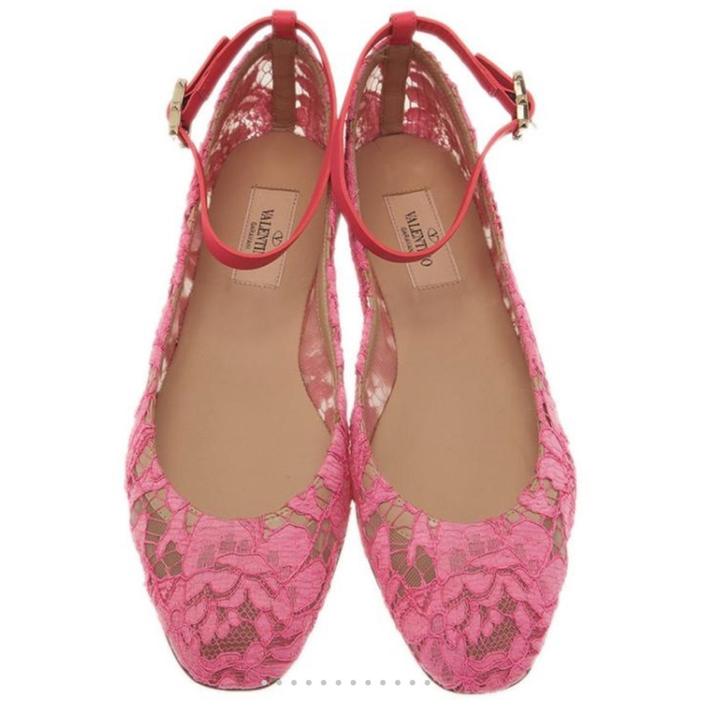 Valentino Pink Lace Ankle Strap Ballet Flats